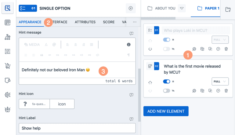 Add hints to quiz elements